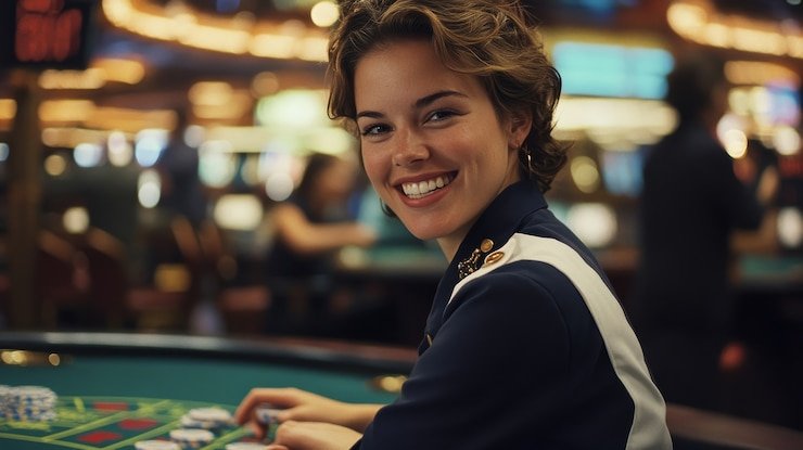 Dealer langsung di studio Live Baccarat replay77 dengan kartu di atas meja